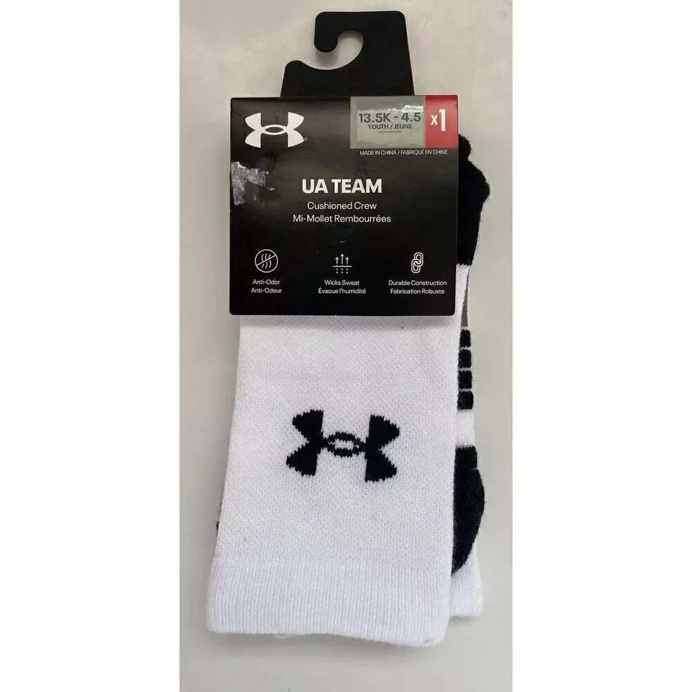 Under Armour UA Team Cushioned Crew Socks Youth Size 13.5K-4.5 White - New